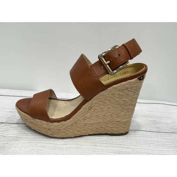 Michael Kors Womens Brown Leather Boho Buckle Strap Espadrille Wedge Sandals 7 - Picture 4 of 12